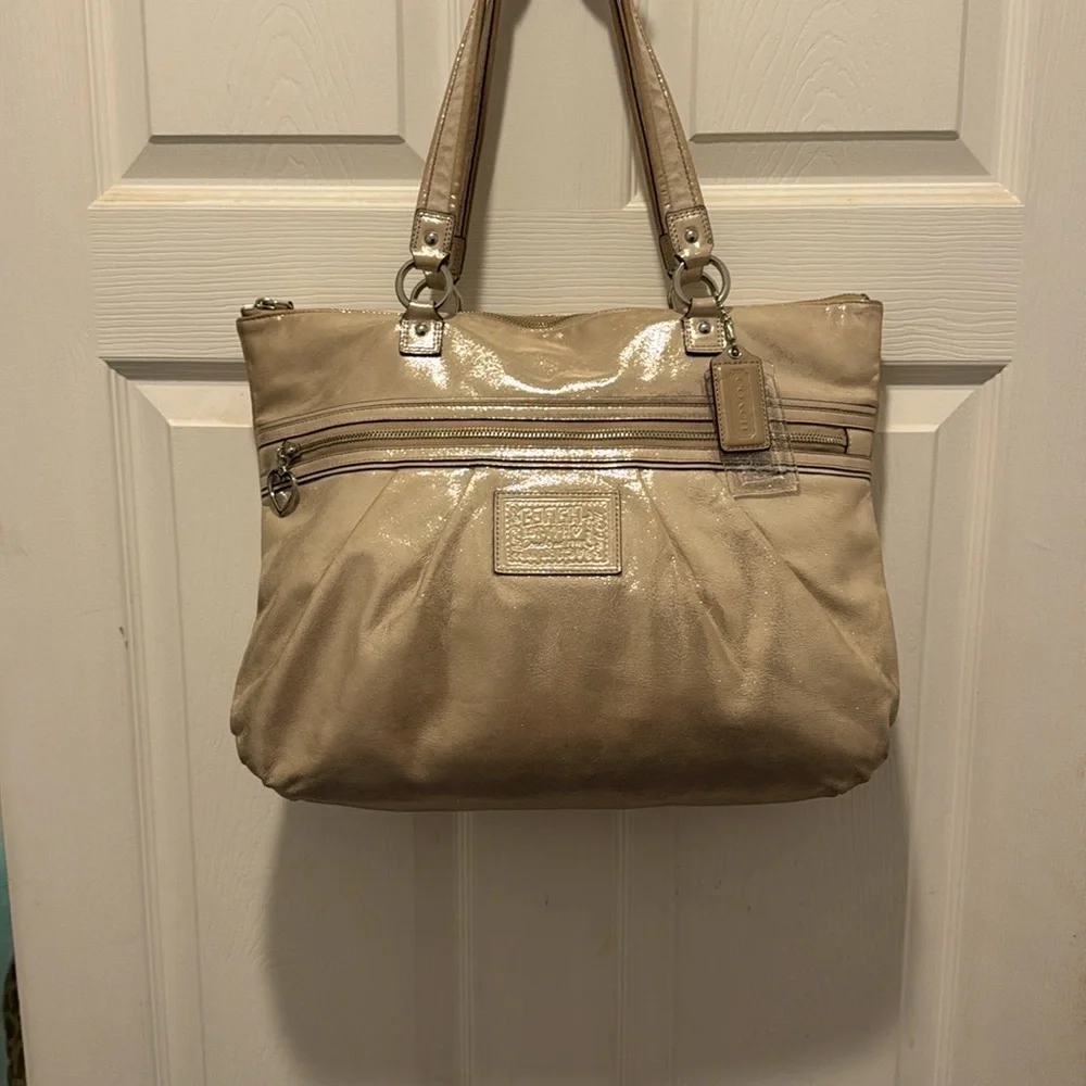 Coach Poppy Metallic Gold Champagne Leather‎ Large Tote Bag Purse #H1281-F20441